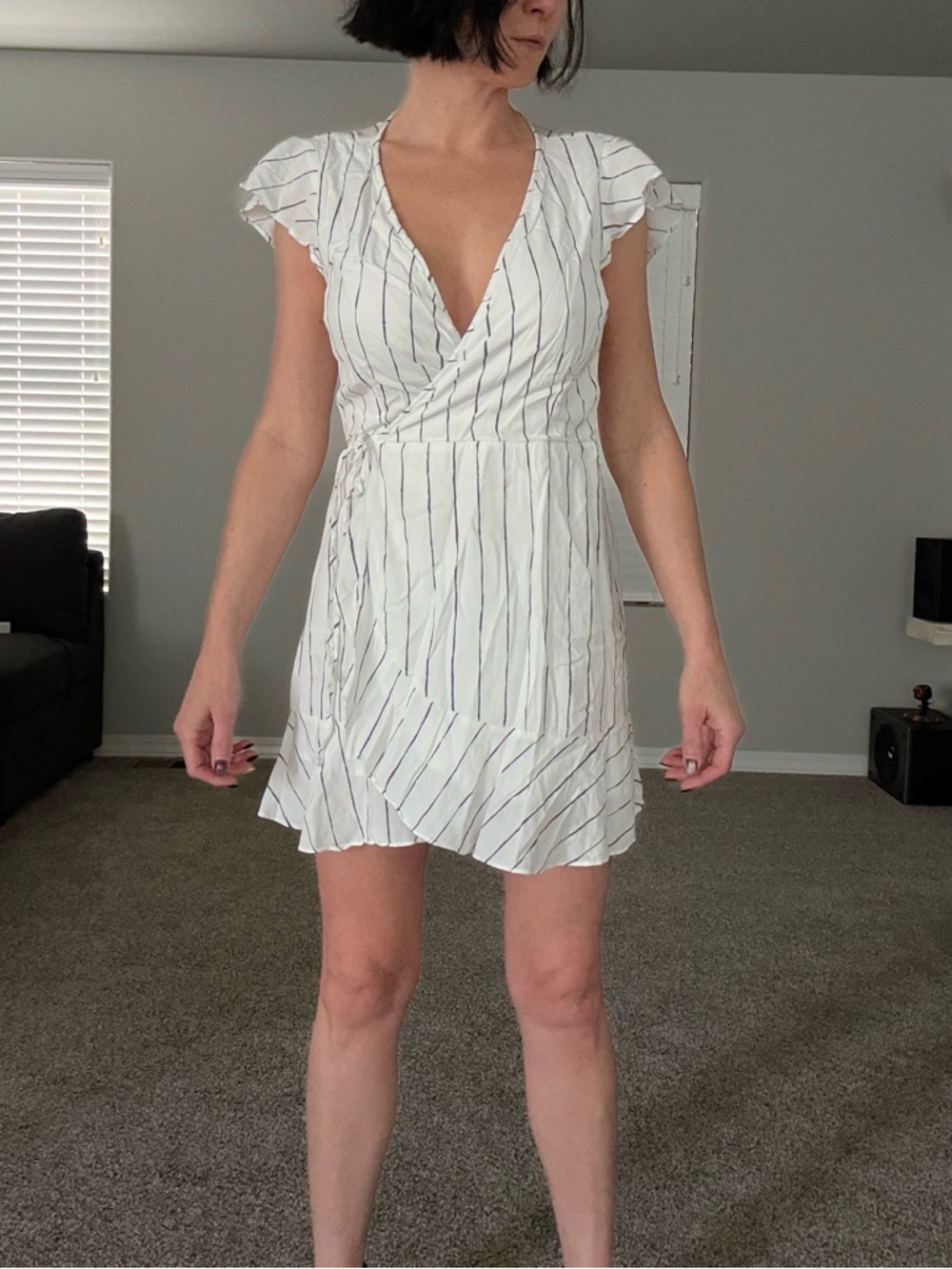 Abercrombie & Fitch White Mini Wrap Dress with Gray Stripes